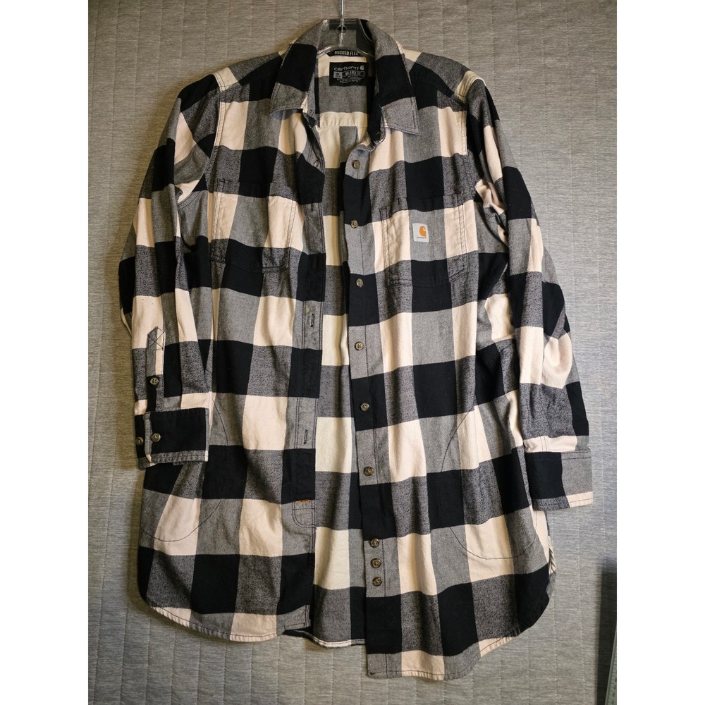 1443 Carhartt Women Black White Buffalo Plaid Rugged Flex Flannel Tunic Shirt XL